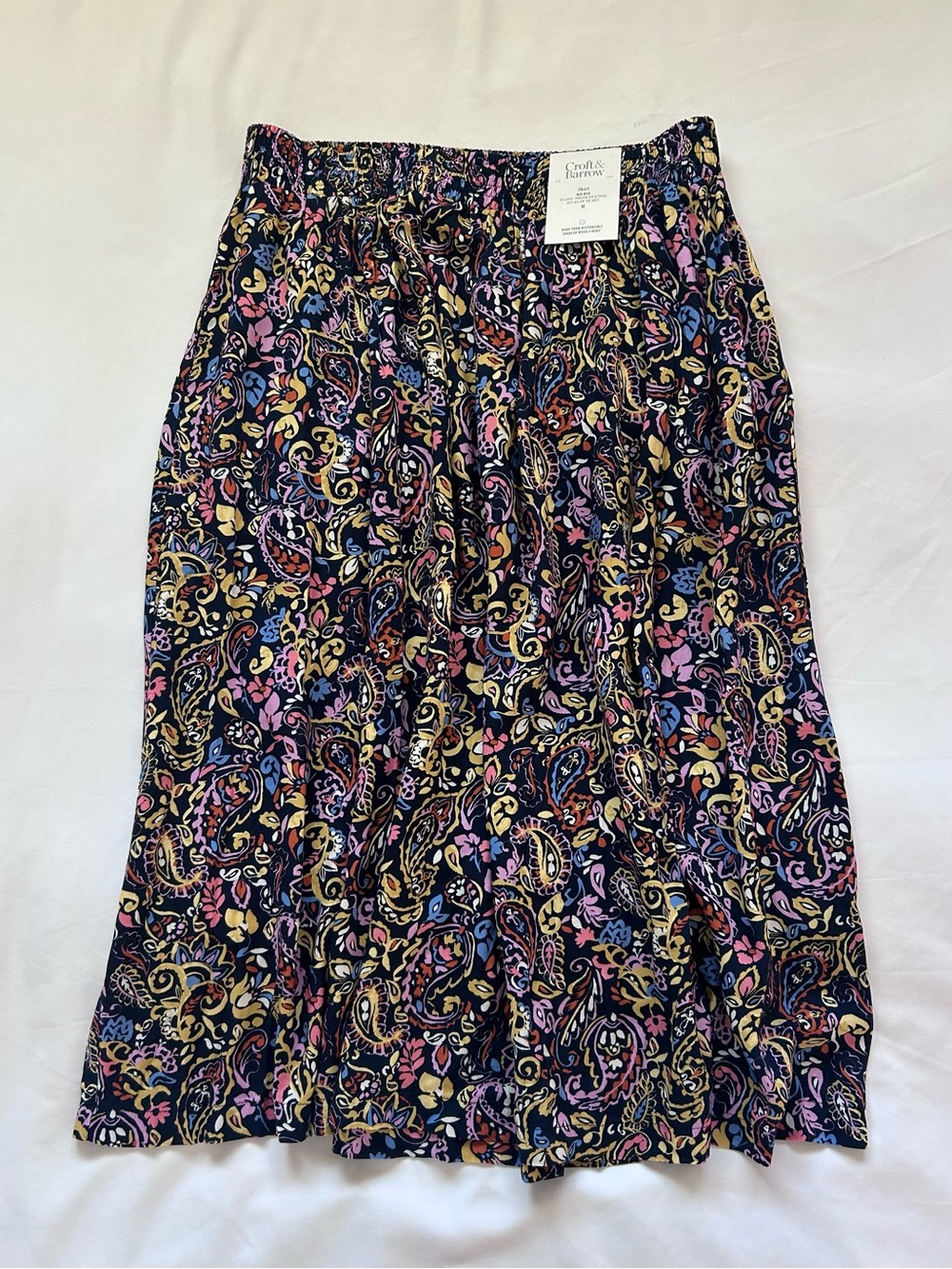 croft & barrow navy paisley midi skirt with pink and gold accents